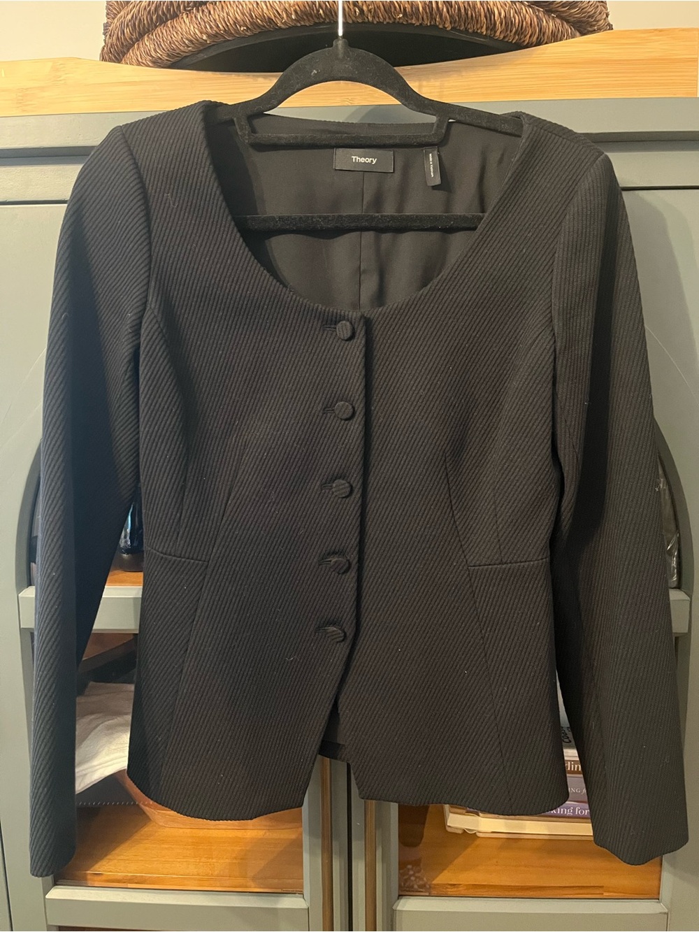 Theory Black Women's Round-Neck Blazer with Covered Buttons